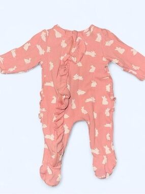 Baby Pink Ruffle Footed One-Piece with Bunny Print